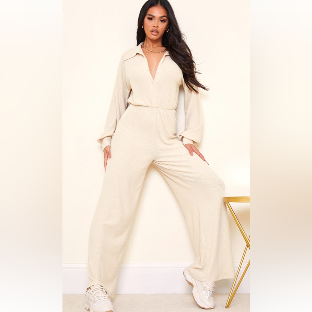 PrettyLittleThing Cream Long Sleeve Jumpsuit
